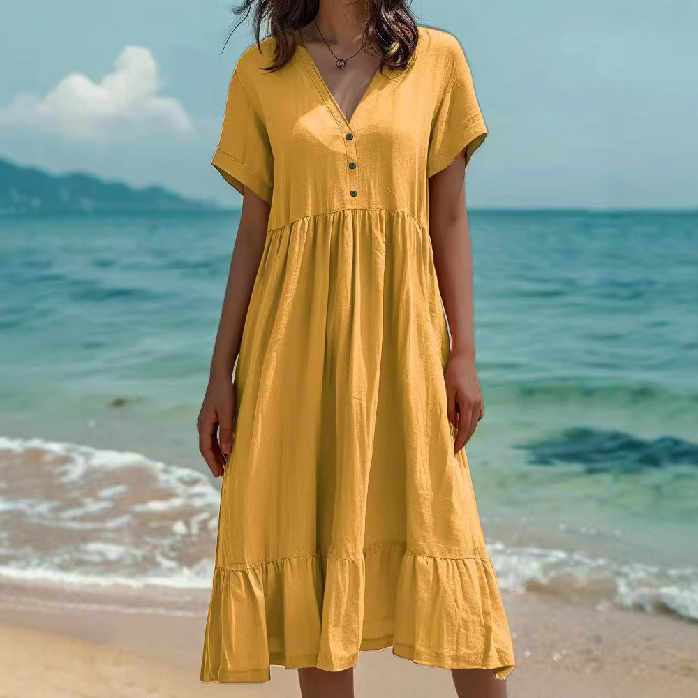 Women's Solid Color Sleeve Fashion Pleating Dress