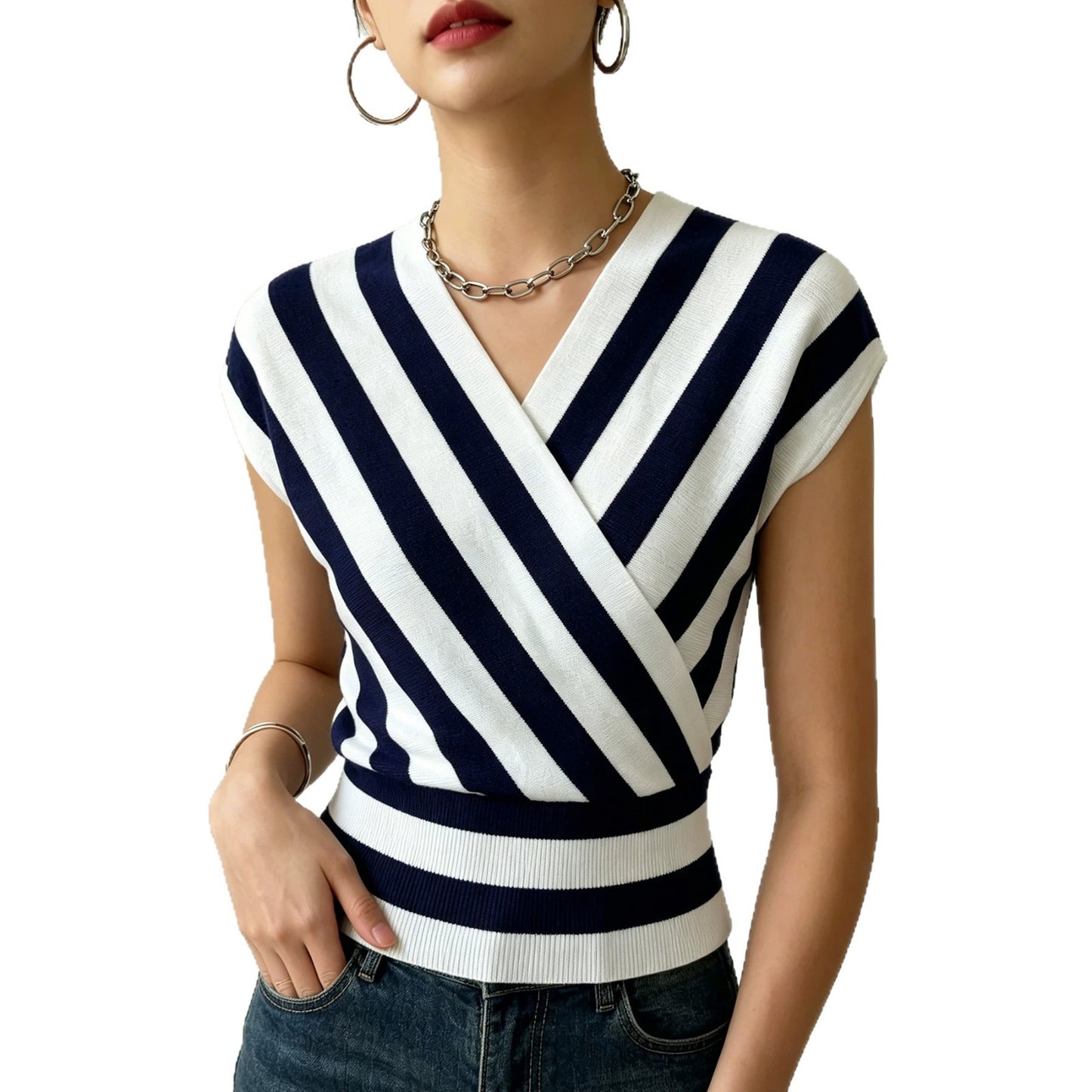 Women's Striped Cross Collar Waist Design Daily Sweaters