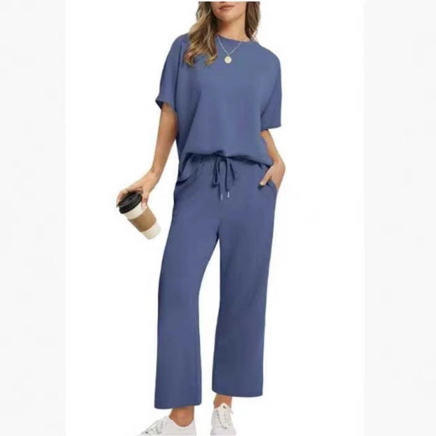Women's Loose Outfit Round Neck Sleeve Two-piece Shorts