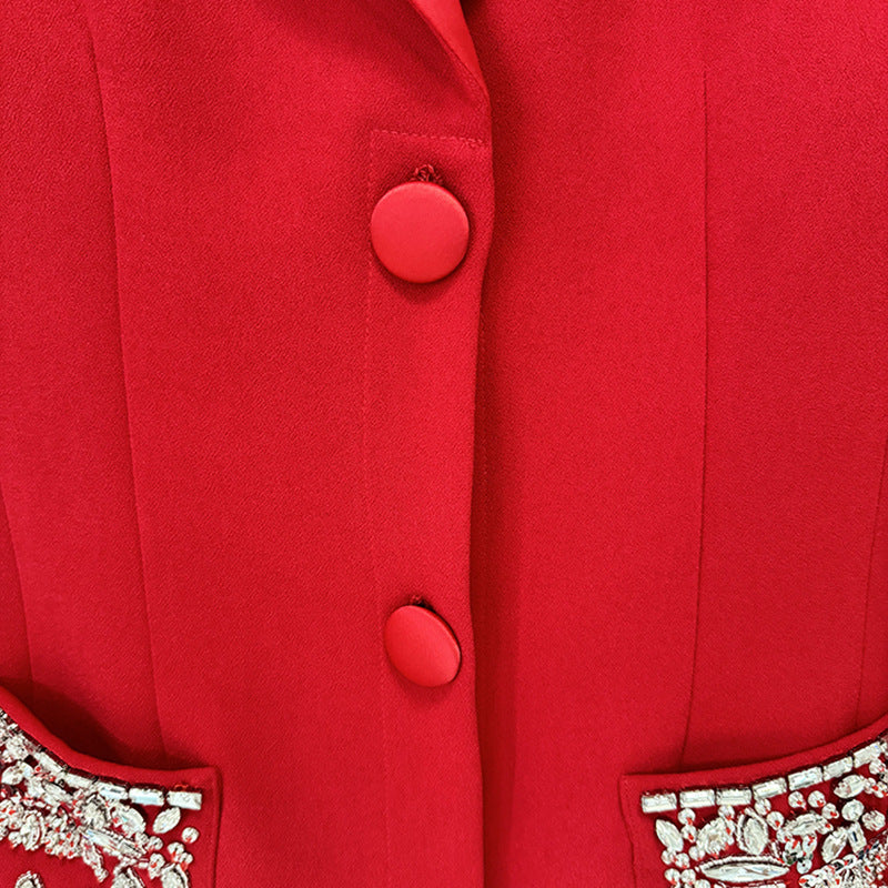 Fashion Bead Diamond Tailored Collar Red Dress