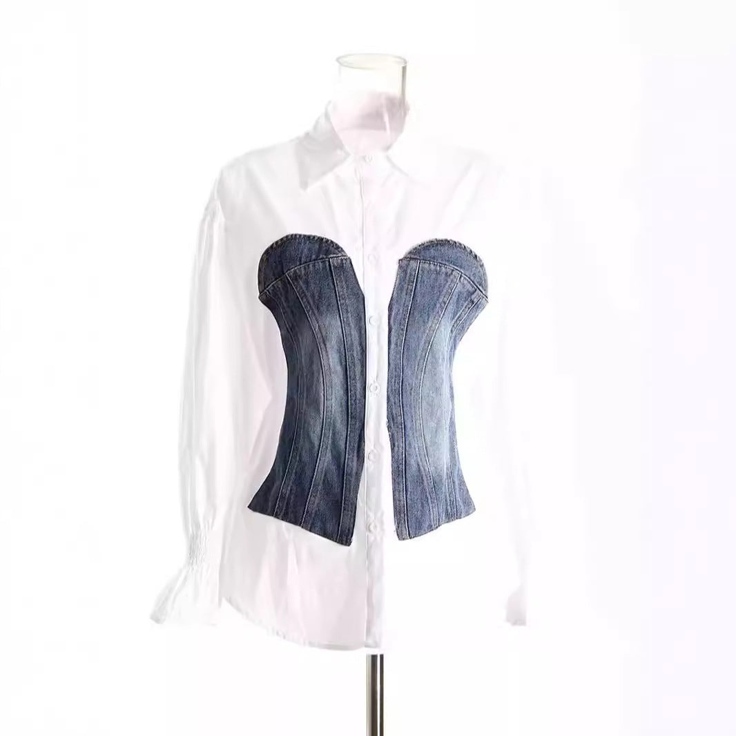 Women's Color Contrast Patchwork Denim Fake Waist Blouses
