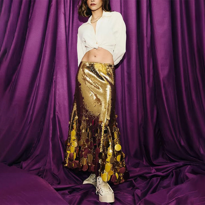 Women's Summer Stitching Sequined High Waist Dress Skirts