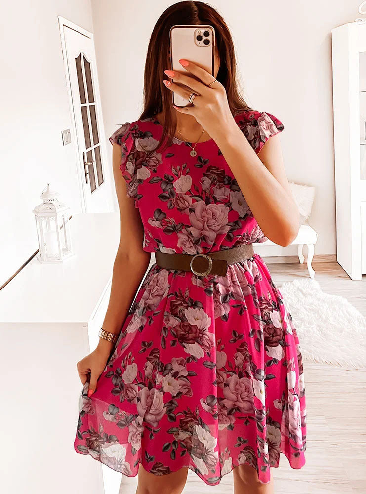 Holiday Style Ruffled Sleeves Chiffon Printed Dresses