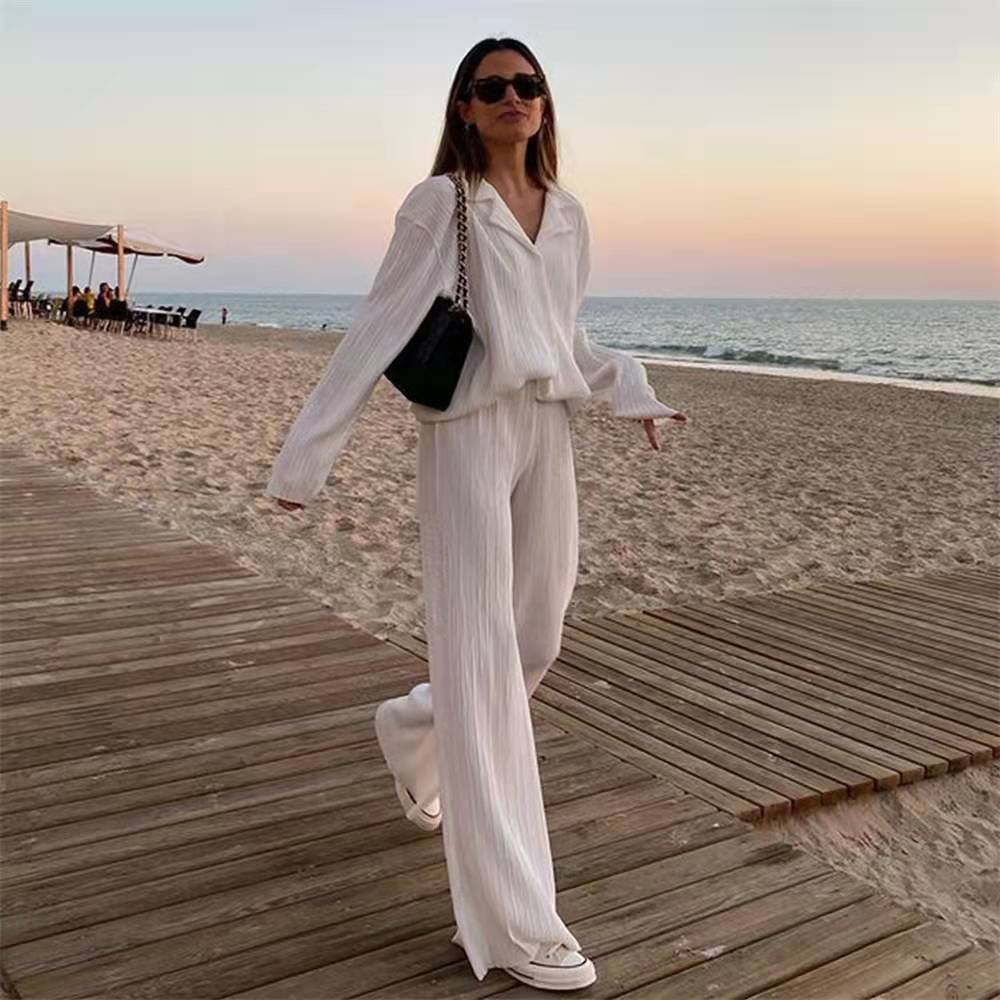 Solid Color Texture Loose Slimming Pleated Pants
