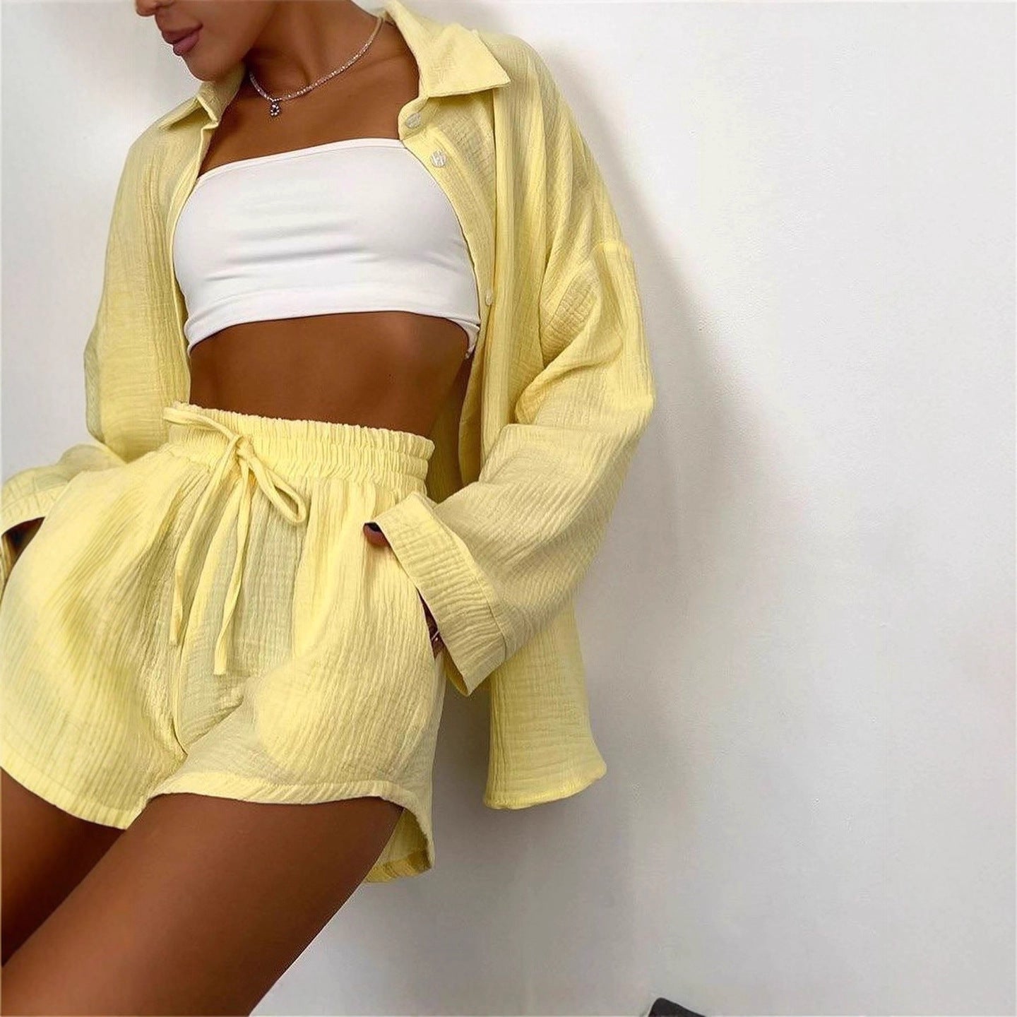 Women's Cotton Long-sleeved Commuter Solid Color Shirt Shorts