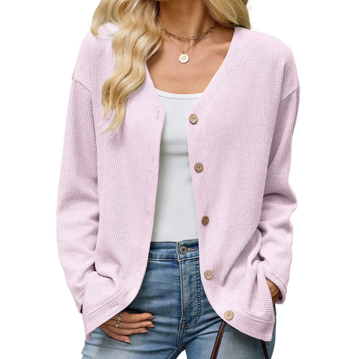 Women's Solid Color Loose Long Sleeve Button Women's Sweater