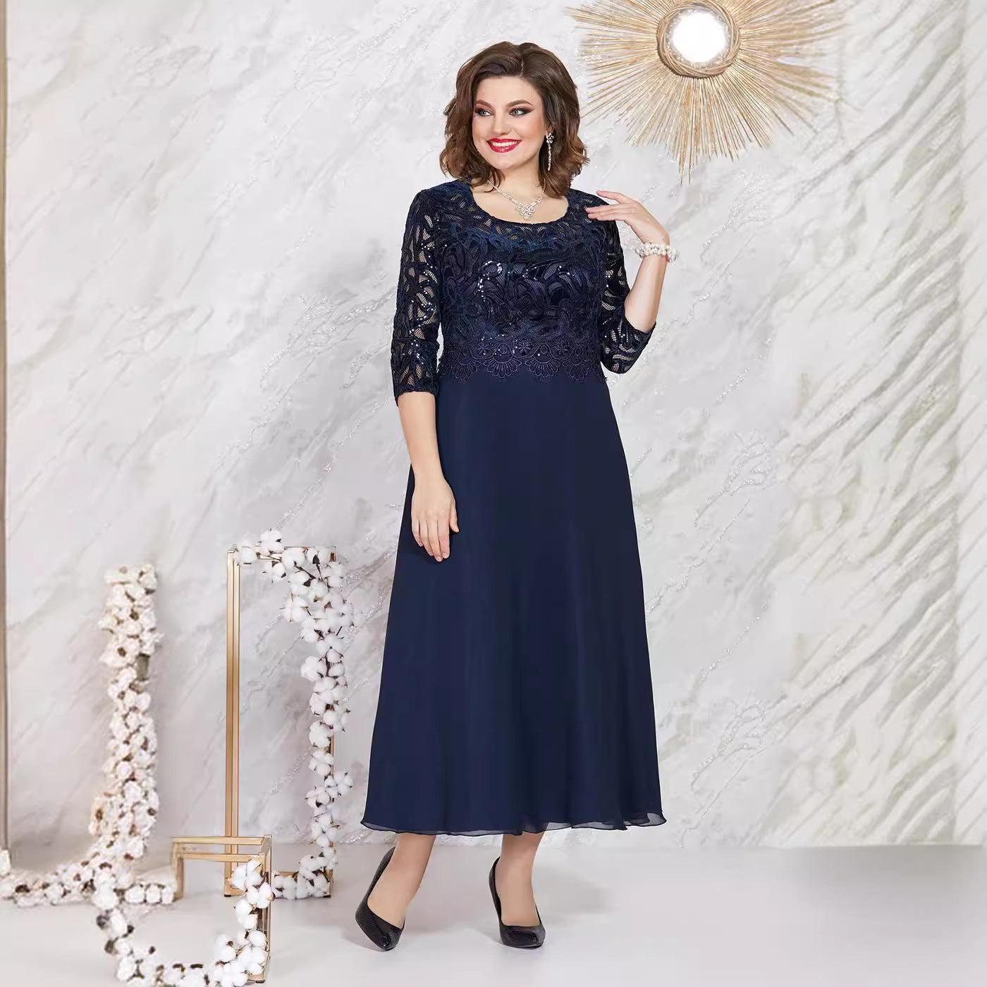 Women's Section Dress Stitching Lace Chiffon Slim Plus Size