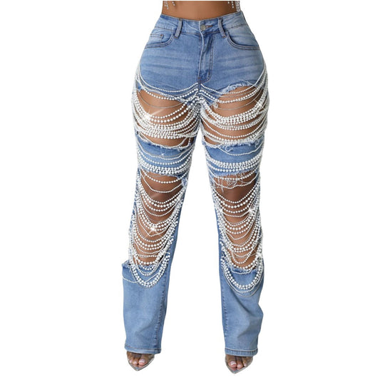 Women's Ripped Cool Beaded High Waist Stretch Denim Jeans