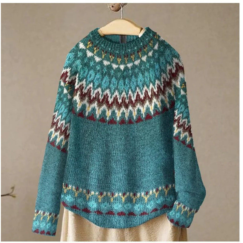 Women's Tibetan Wolf Round Neck Loose Fashion Pullover Color Matching Dark Sweaters
