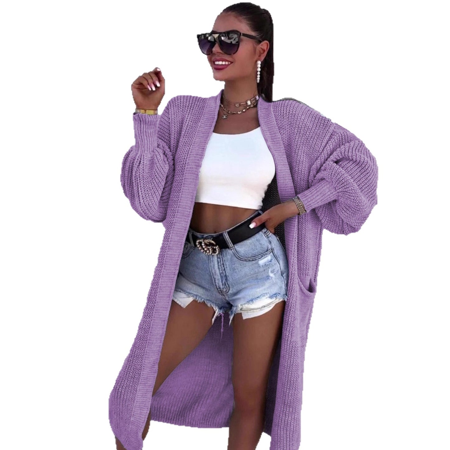 Women's Versatile Thick Needle Pocket Long Solid Knitwear