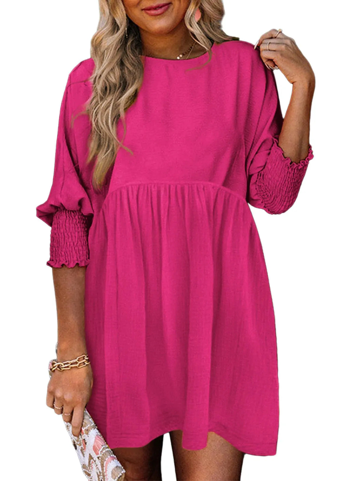 Women's Round Neck Girdle Cuff Pleating Casual Dresses