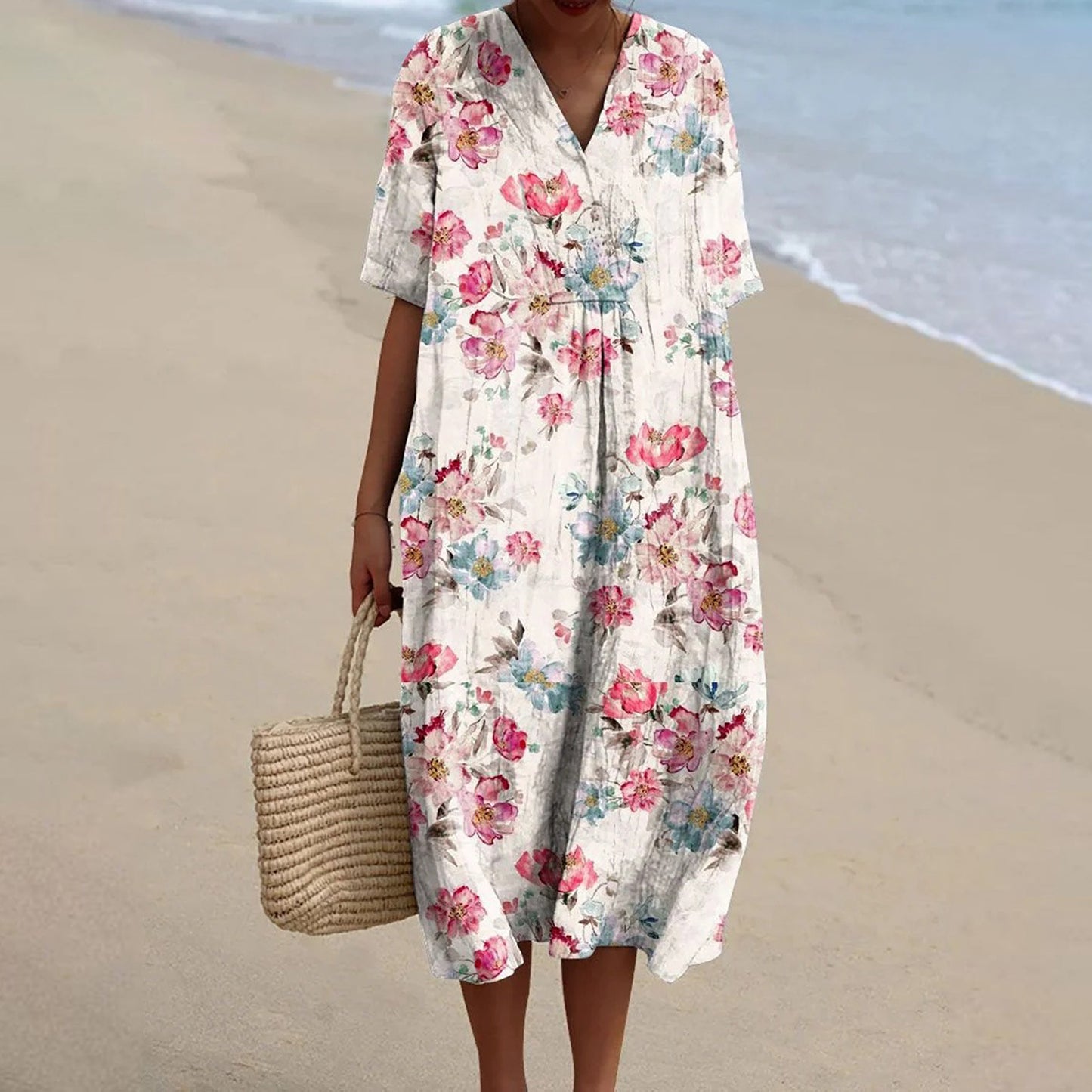 Women's Pocket Sleeve Dress Floral Plant Vacation Dresses