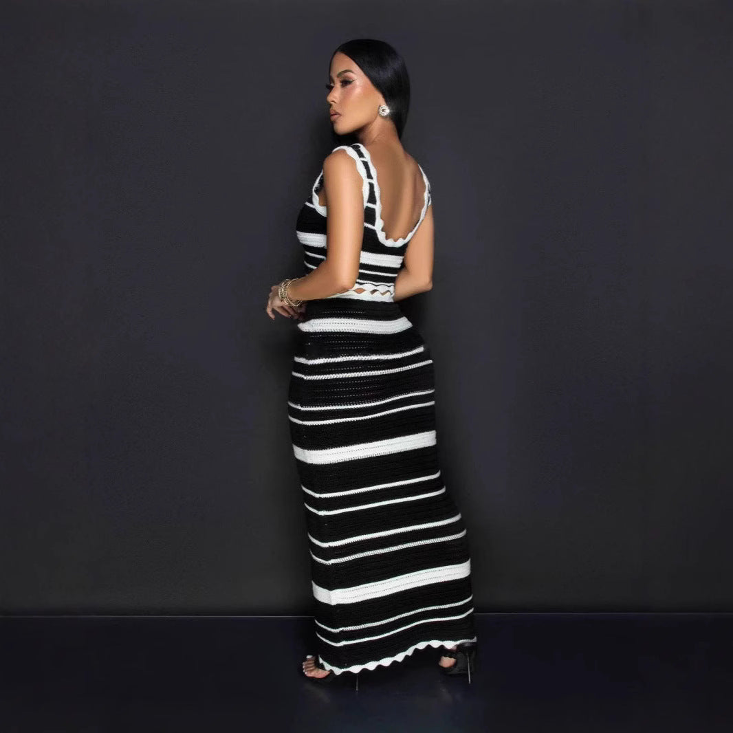 Women's Fashion Striped Knitted High Waist Contrast Suits