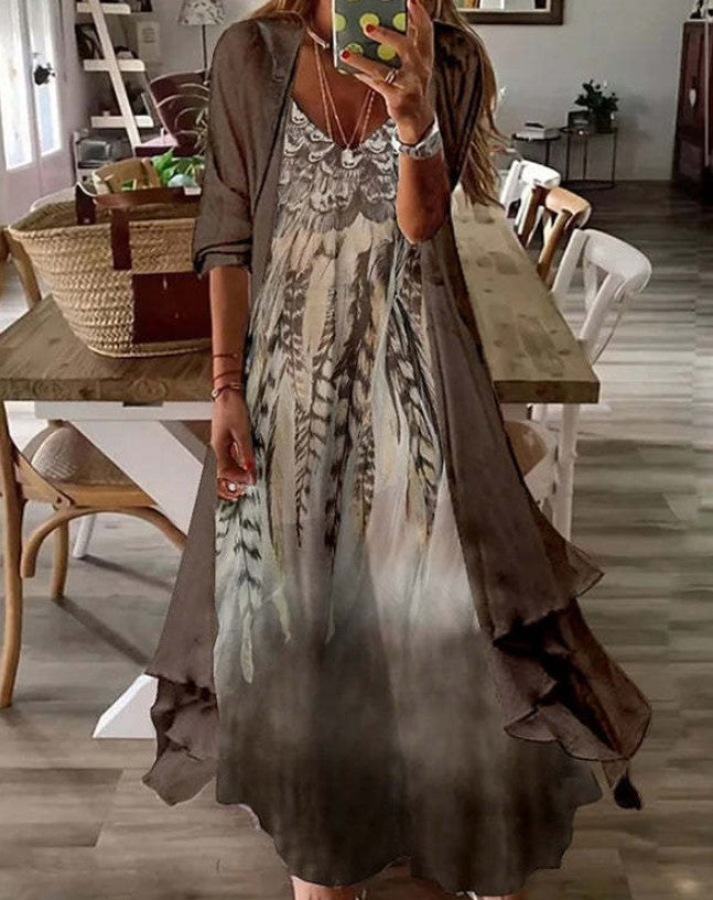 Women's Print Holiday Suspender Dress Indian Style Large Swing Dresses