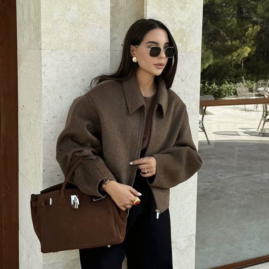 Women's Solid Color Wide Zipper Woolen Jackets