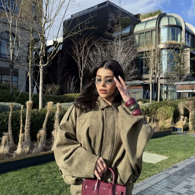 Women's Batwing Sleeve Loose Suede Texture Bomber Jackets