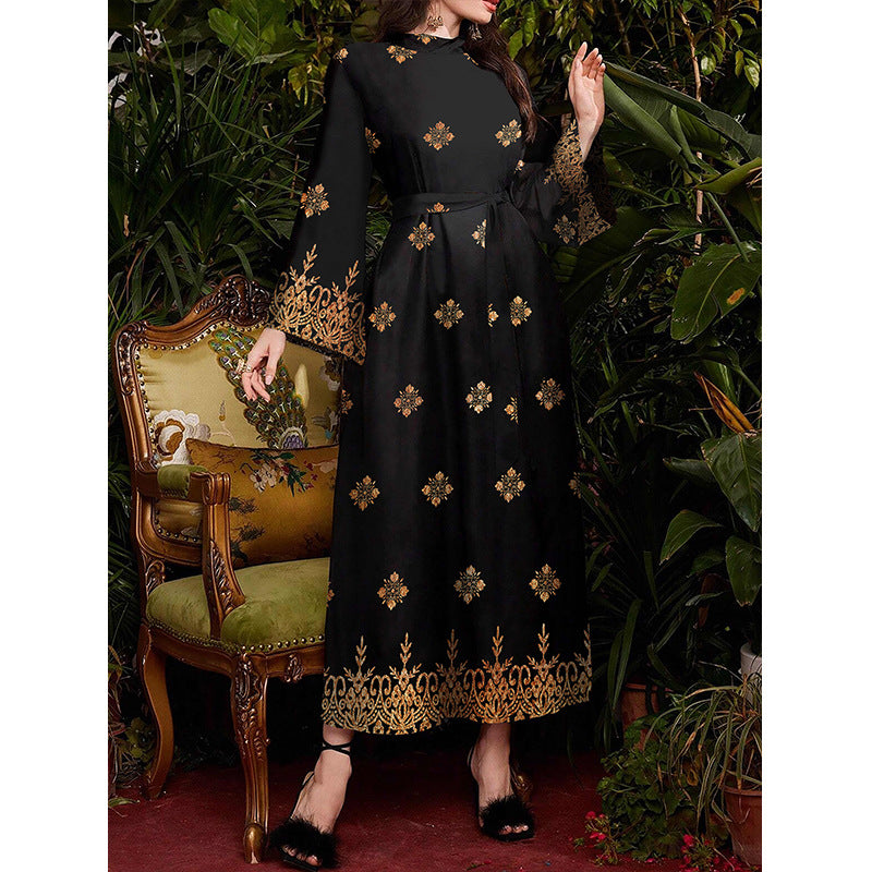 Women's Fashion Printed Black Long-sleeved Long Tight Waist Temperament Slimming Dress