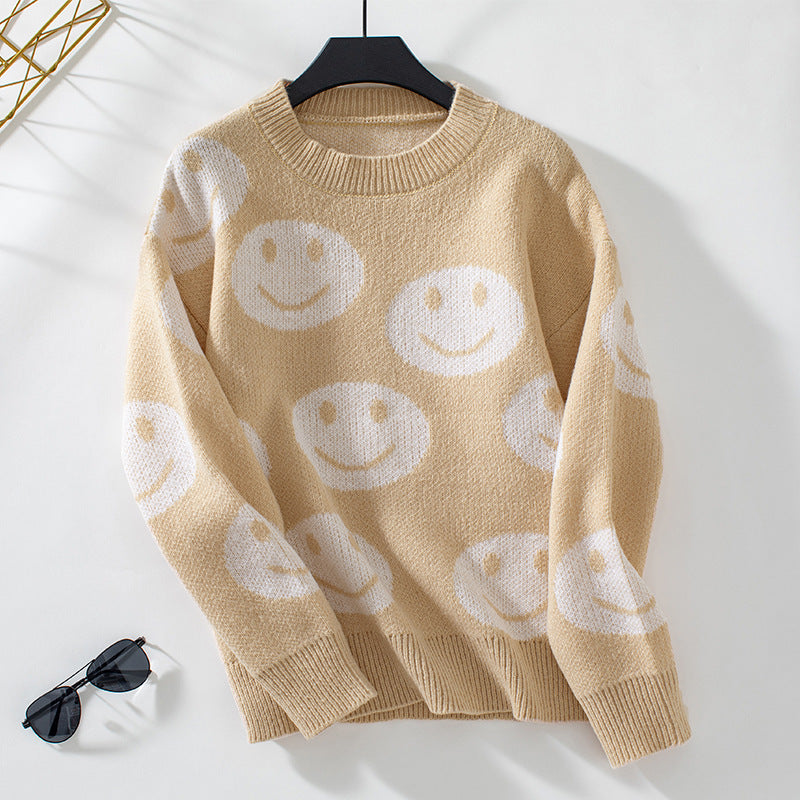Women's Smiley Face Pattern Pullover For Loose Round Sweaters