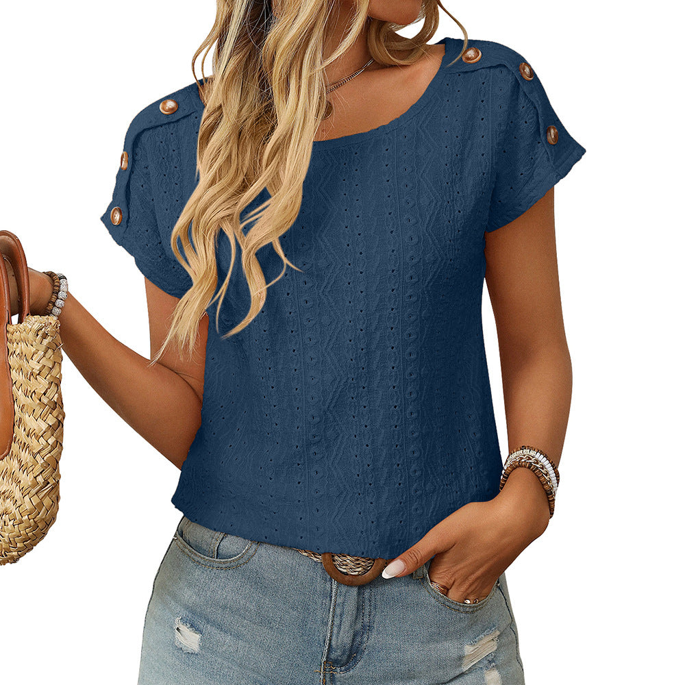 Women's Solid Color Round Neck Button Short-sleeved Blouses