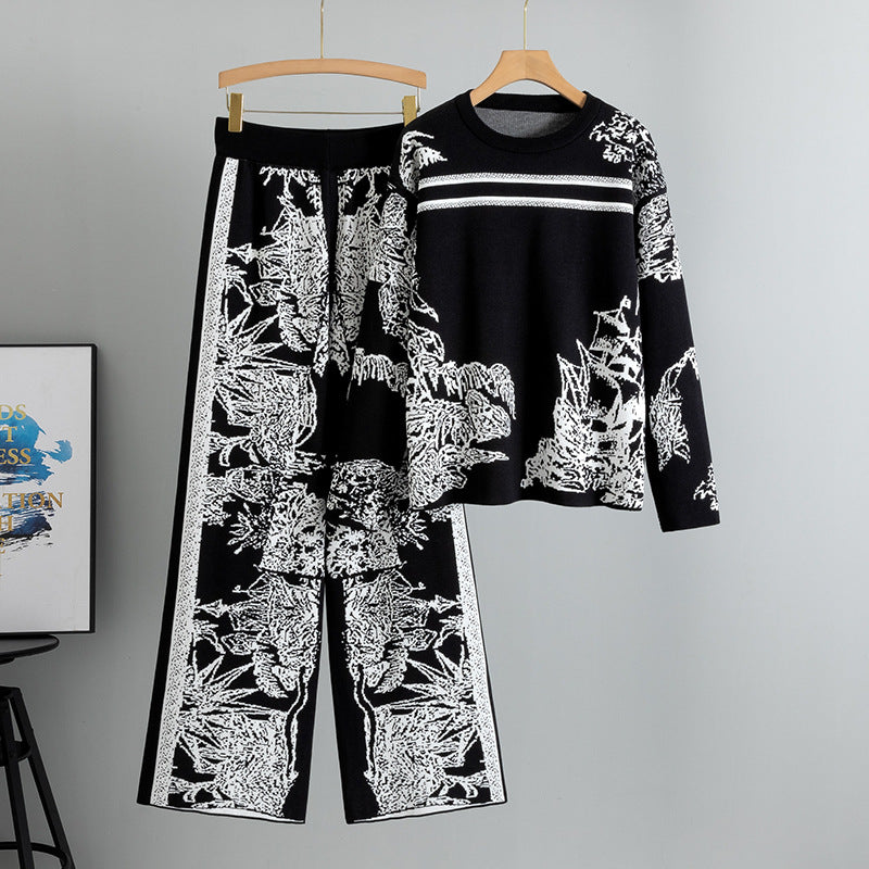 Women's Casual Ink Painting Jacquard Printed Knitted Suits