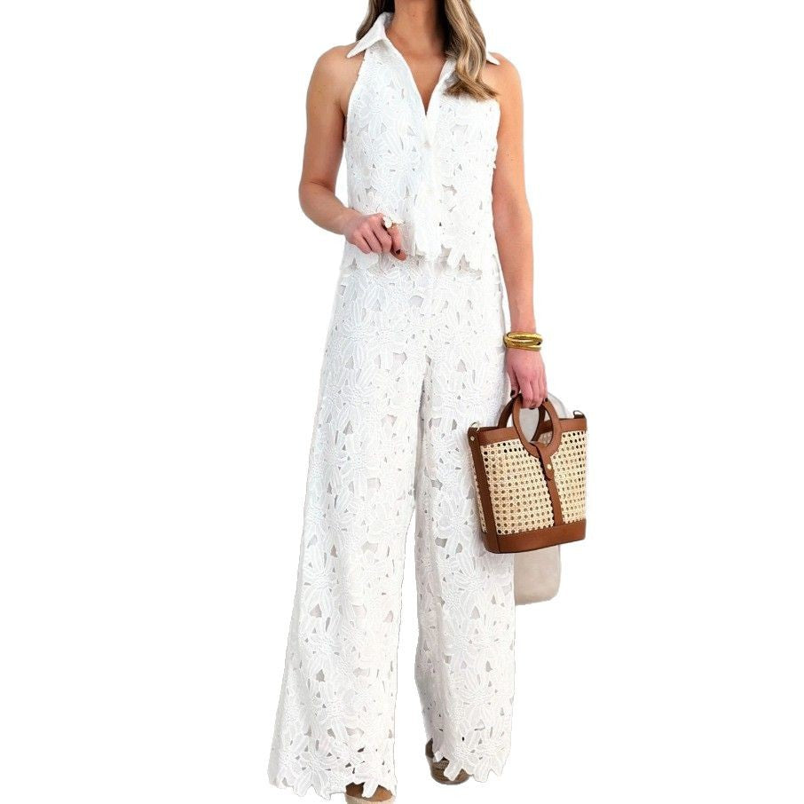Summer French Style Embroidered Hollow Straight Suits