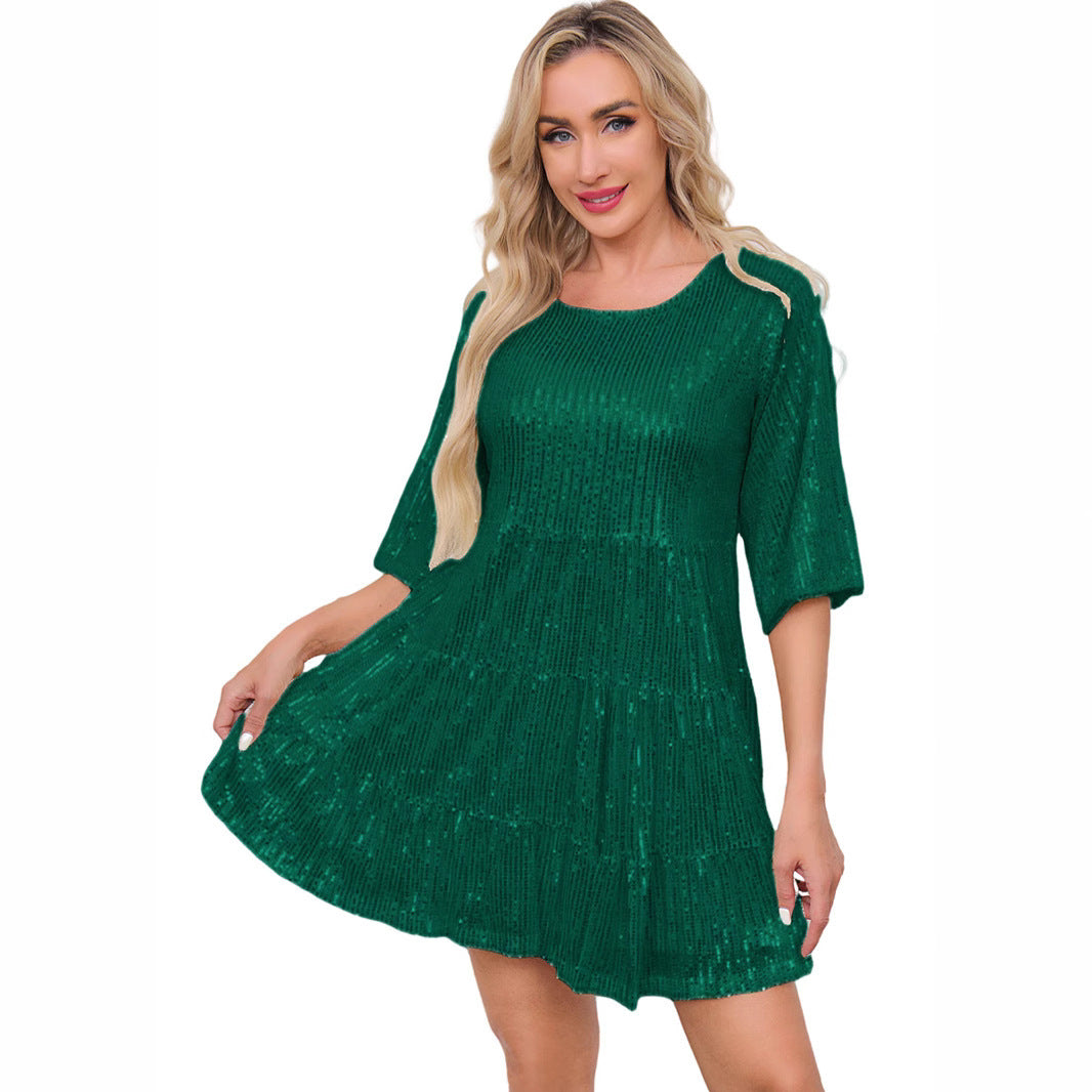 Solid Color Loose Waist Sleeves Dress Dresses
