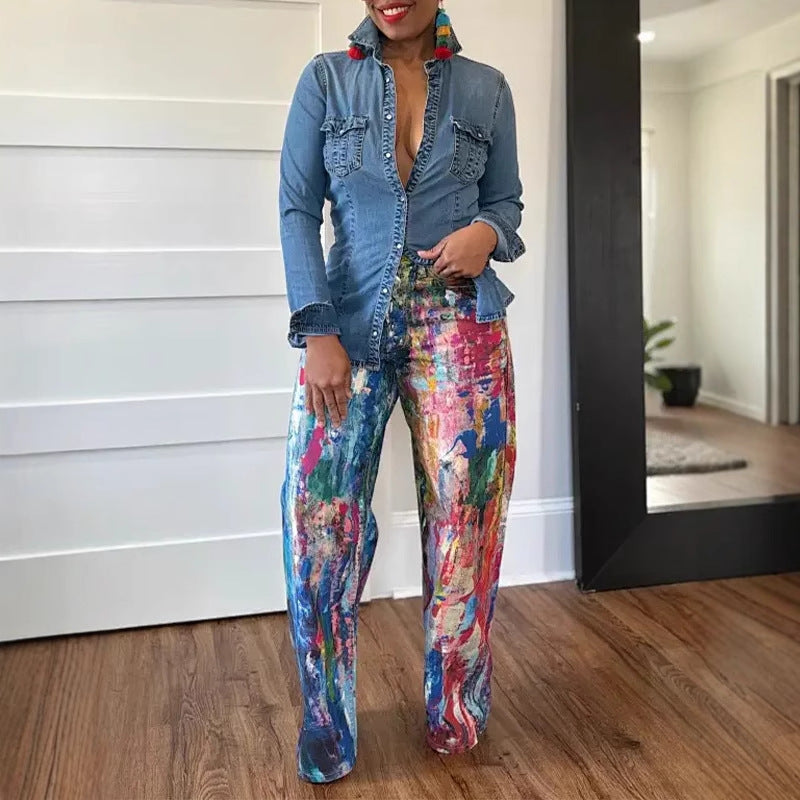 Women's Fashion Casual Straight Painted Trousers Pants