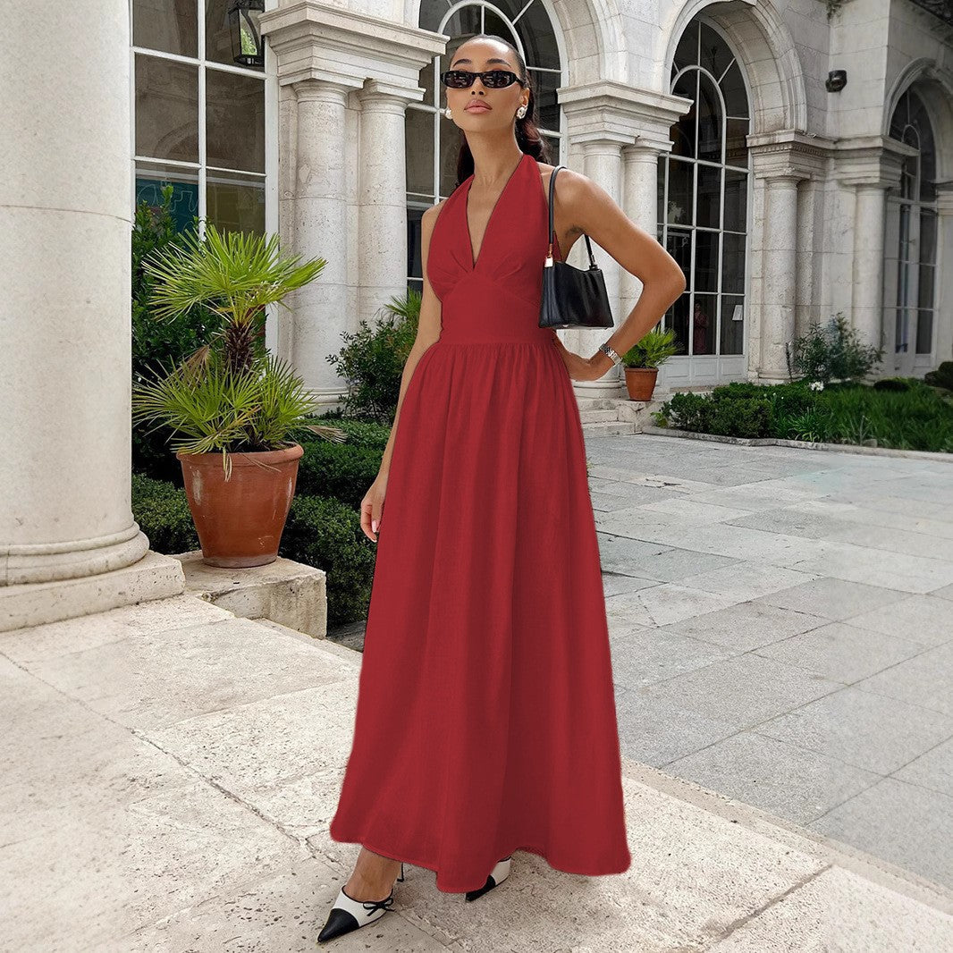 Women's Temperament Pure Color Backless Large Hem Dress