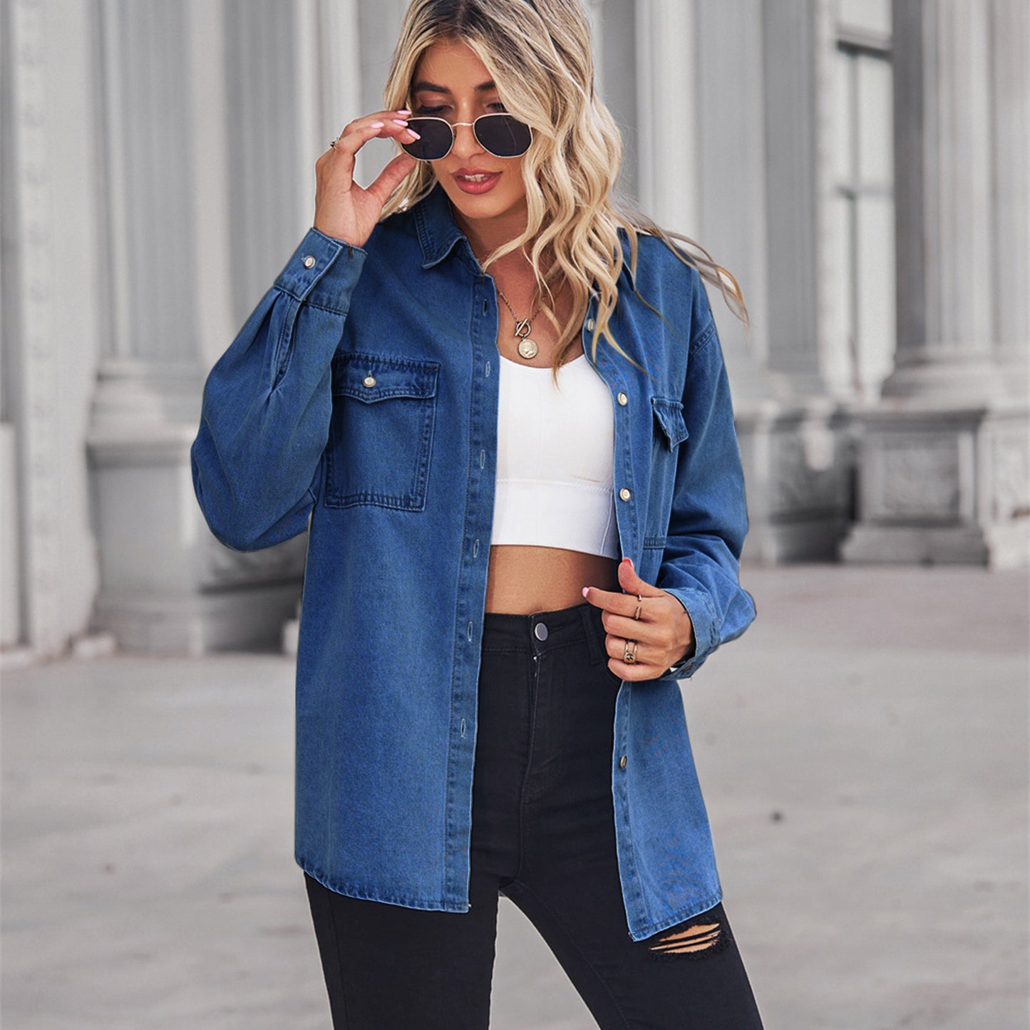 Women's Flattering Thin Denim Long Sleeve Shirt Blouses