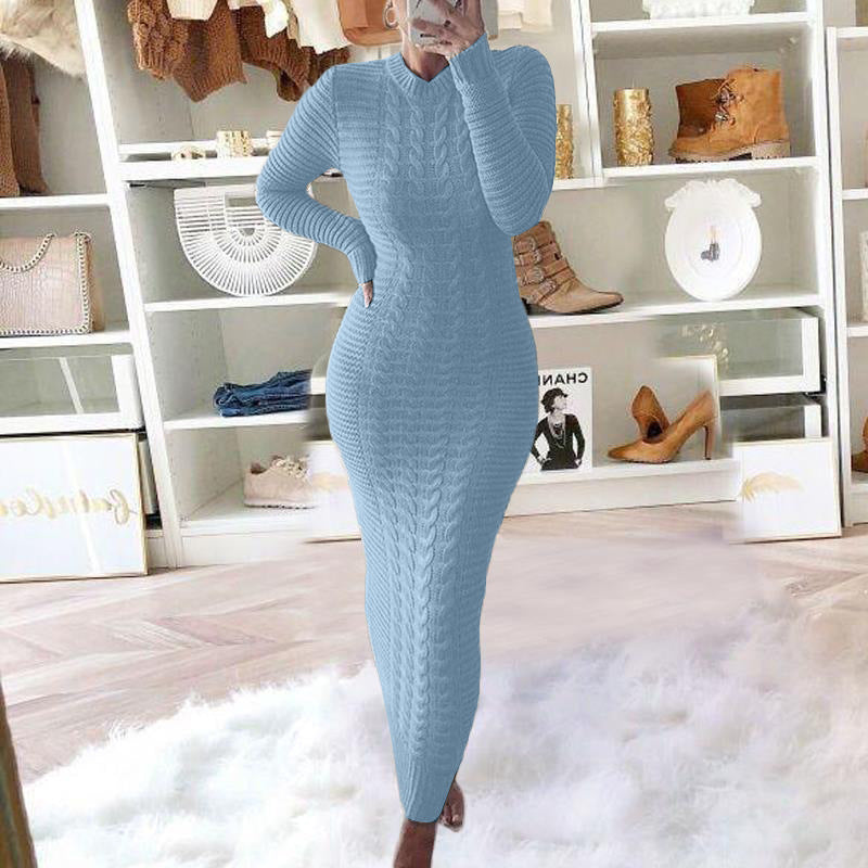 Charming Women's Fashion Twist Long-sleeved Woolen Dress