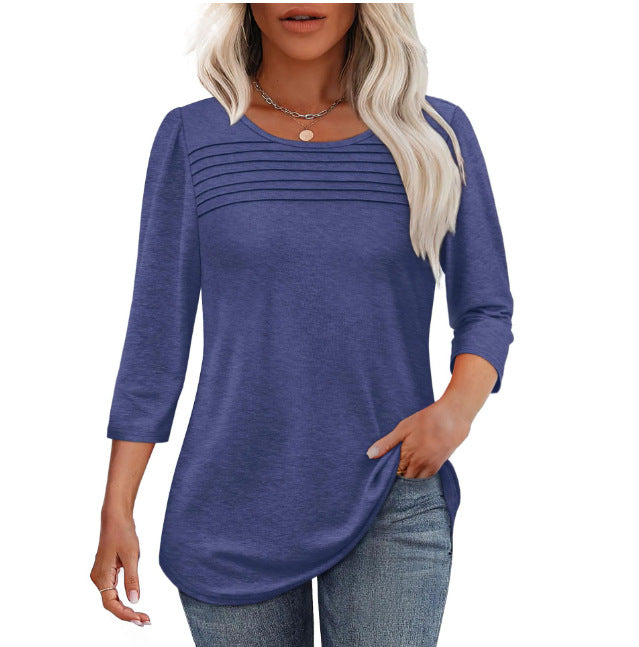 Solid Color Round Neck Long-sleeved Striped Blouses