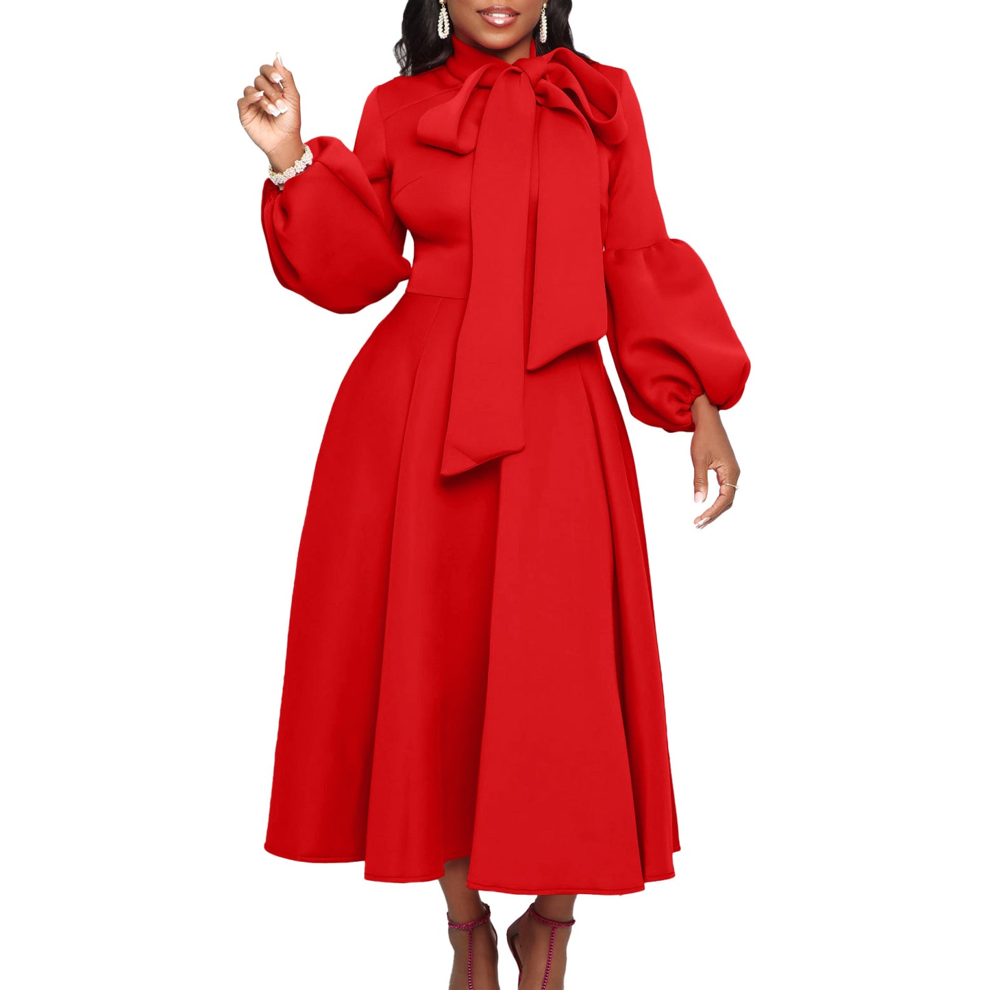 Women's Puff Sleeve Bow Large High Waist Skirts