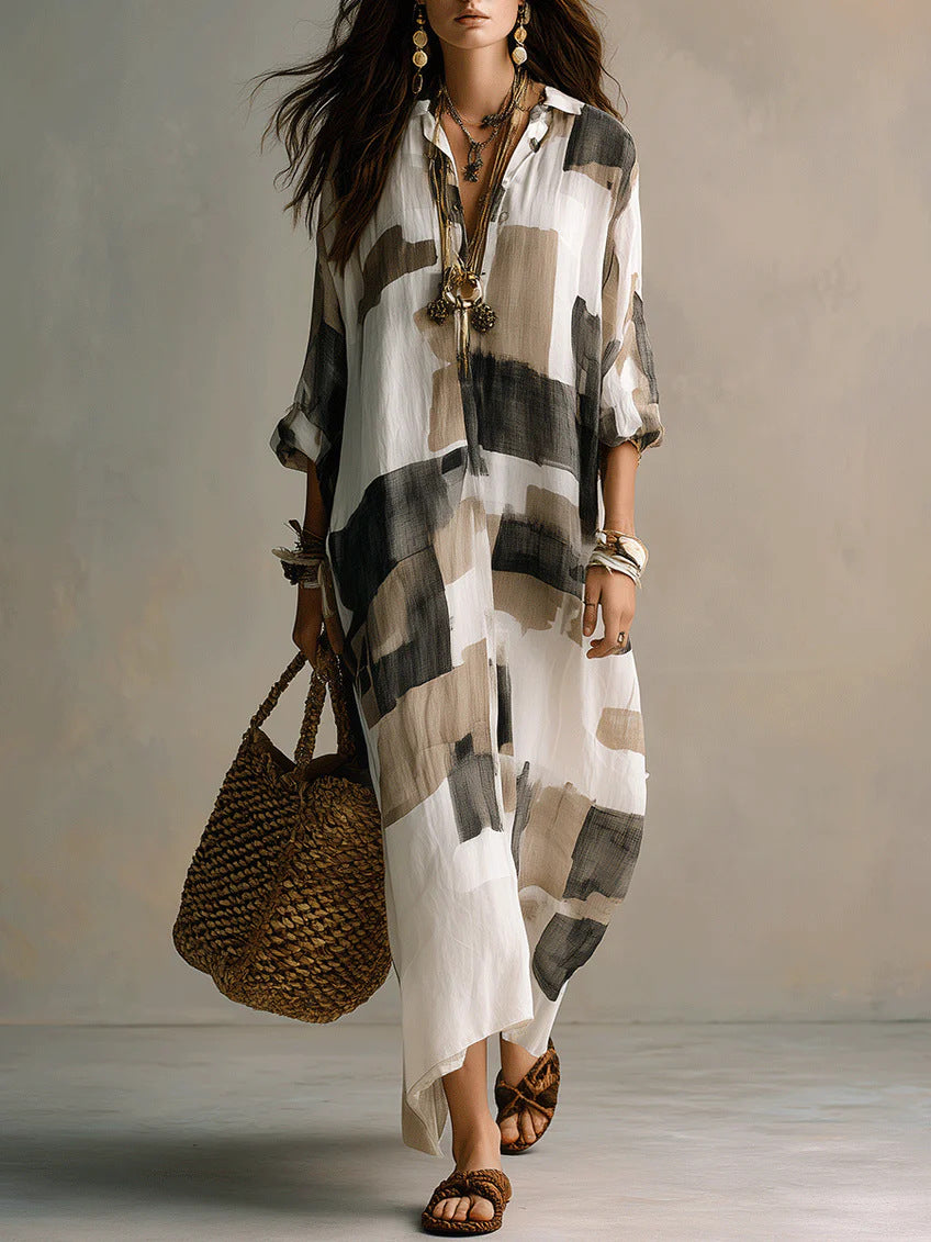 Women's Summer Geometric Printed Shirt Long Casual Vacation Style Dress