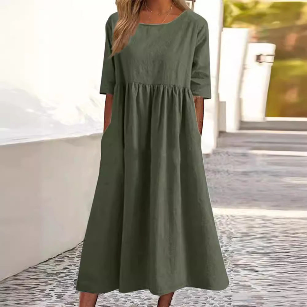 Casual Sleeve Pocket Pleated Loose Round Dress