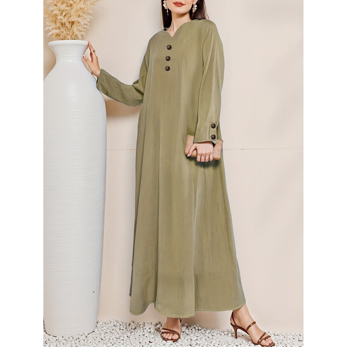 Women's Casual Woven Fake Button Design Loose Dress