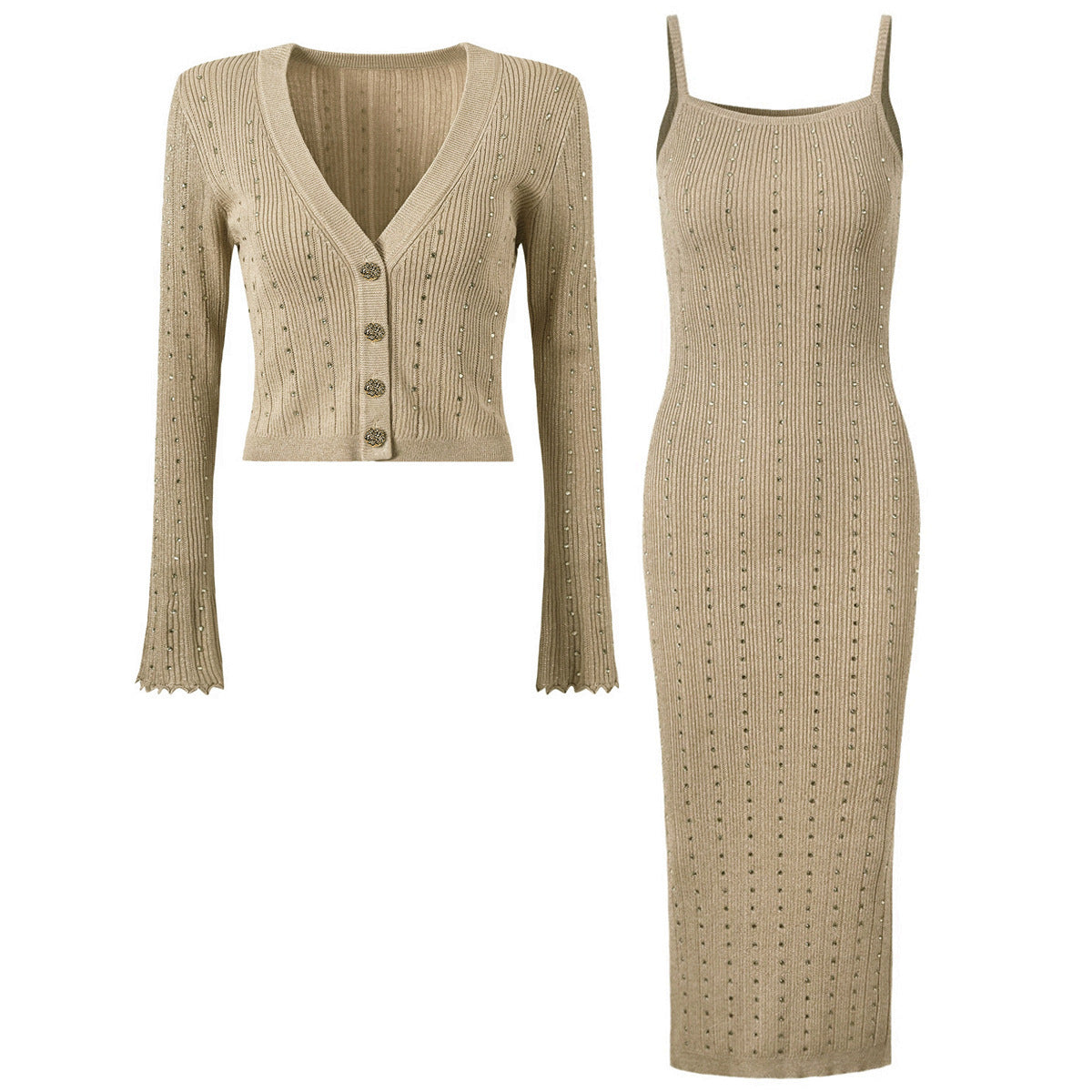 Women's Quality Knitted Dress Rhinestone Wool Woven Dresses