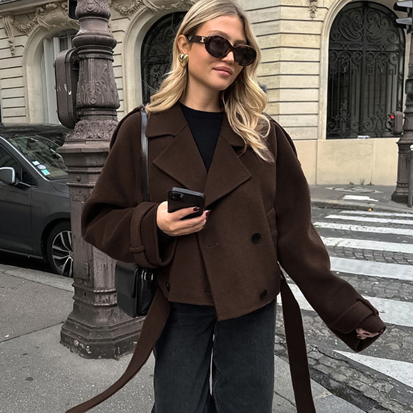 Women's French Brown Woolen For Commuting Fashion Coats