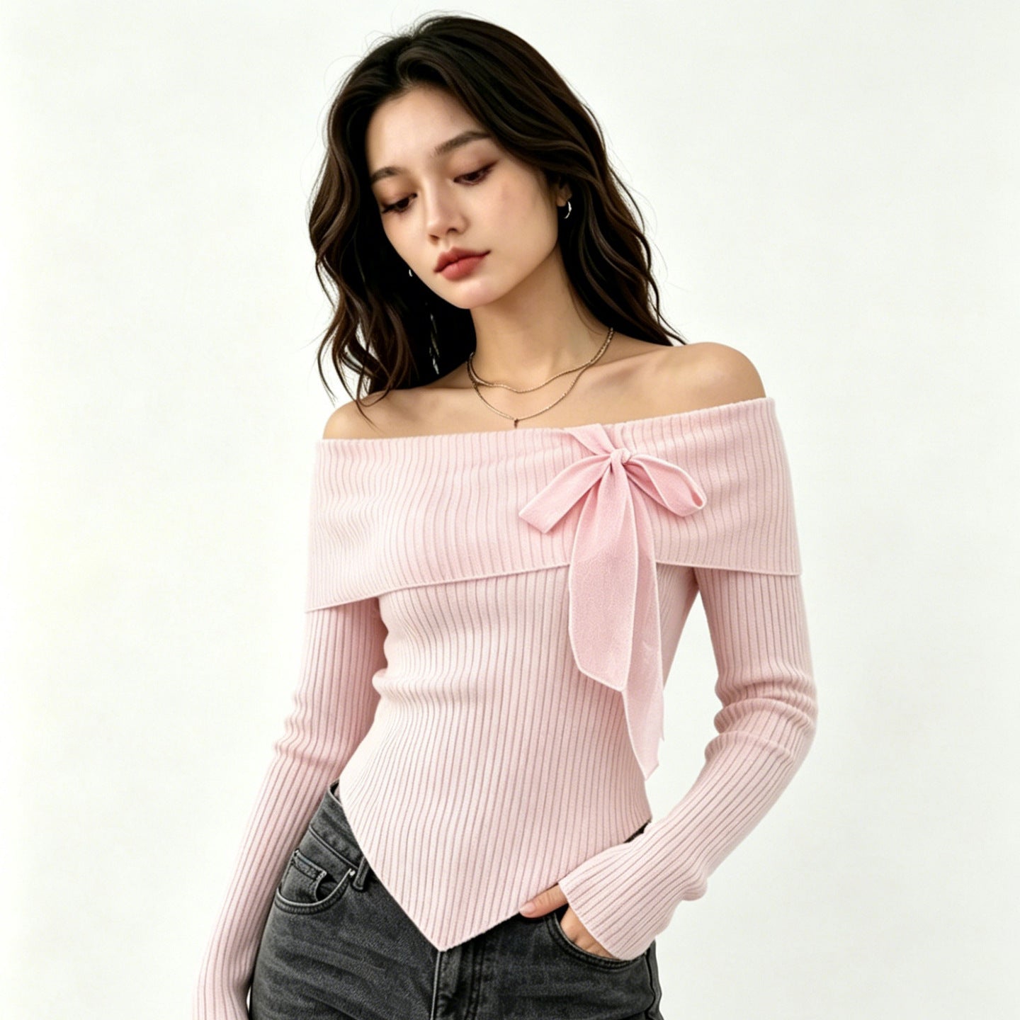 French Sunken Stripe Knit With Bow Tops