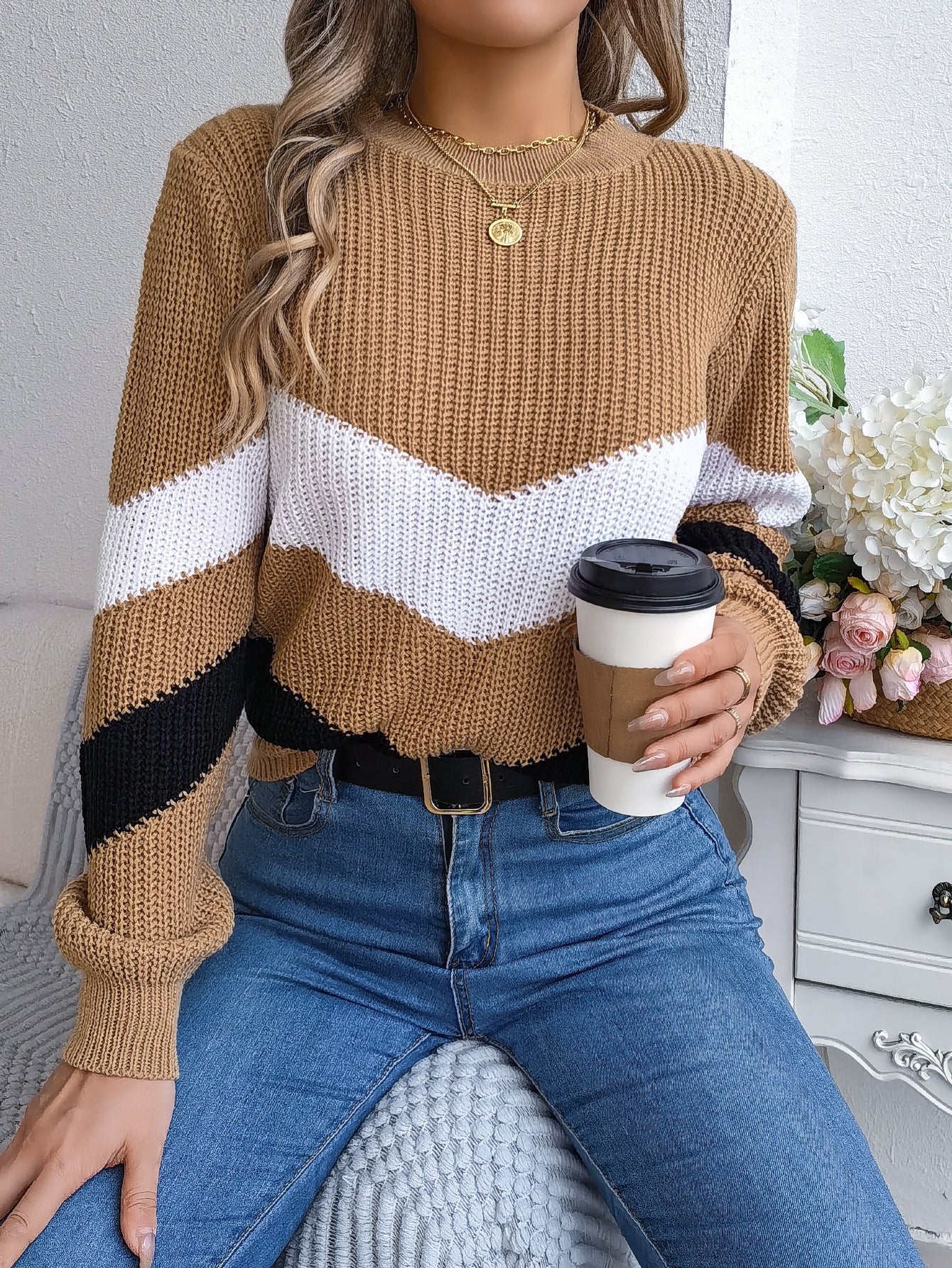 Women's Wind Casual Multicolor Lantern Long Sleeve Sweater
