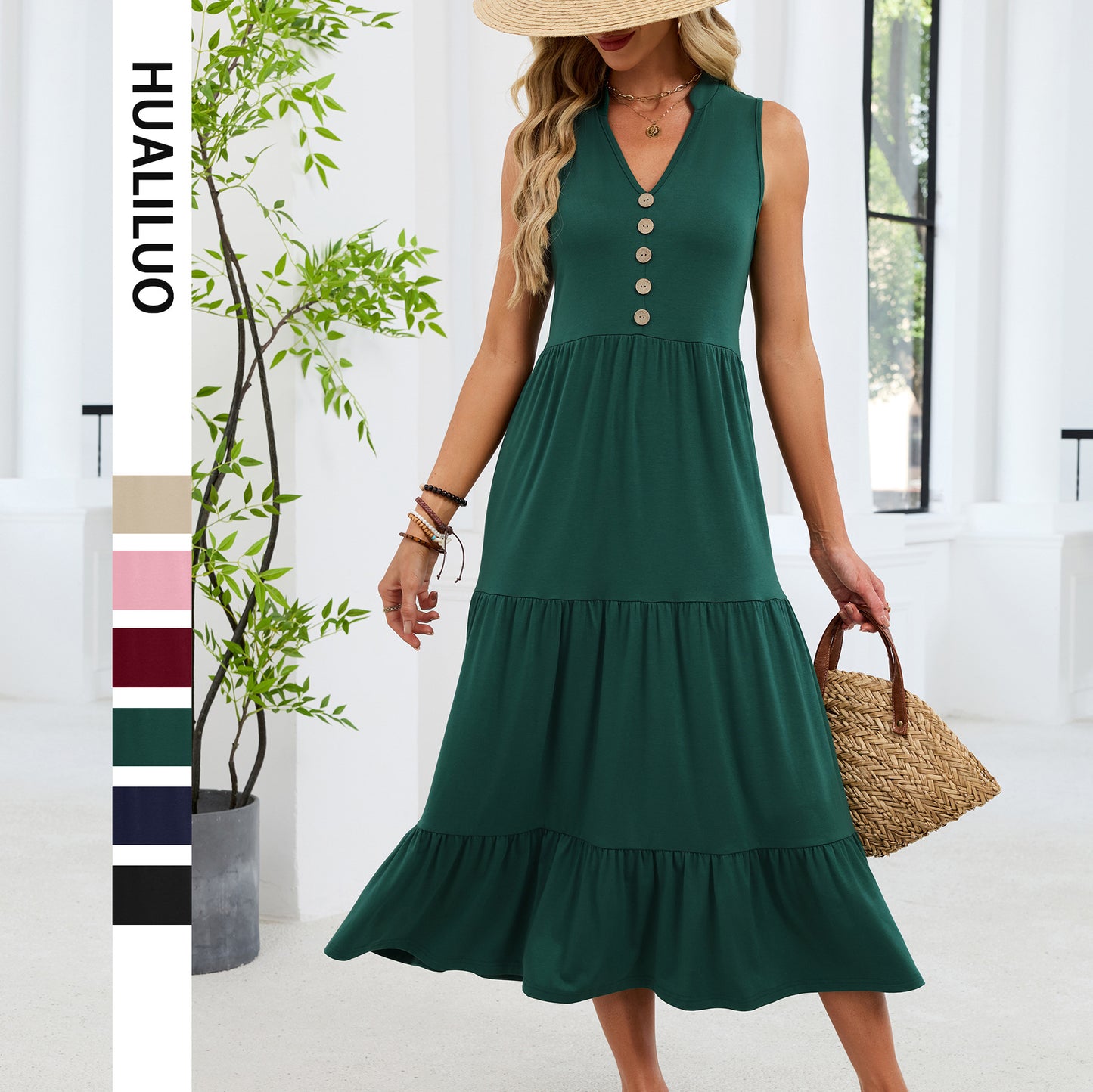 Solid Color Button Sleeveless Long Pleated Dress