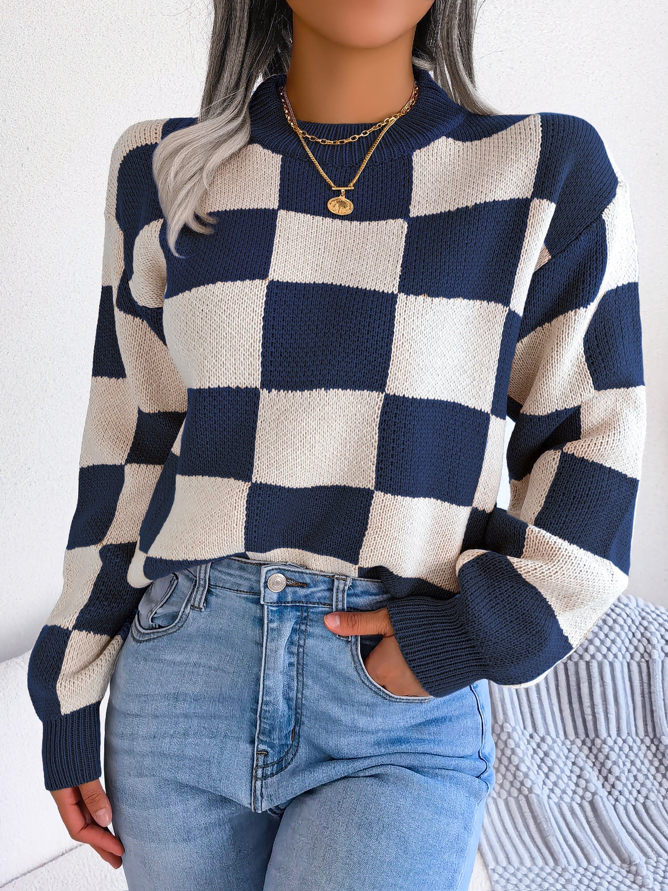 Women's Street Style Check Long Sleeve Pullover Sweater