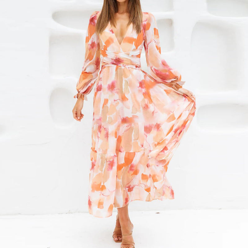 Women's Style Deep V Printed High Waist Casual Long Dresses