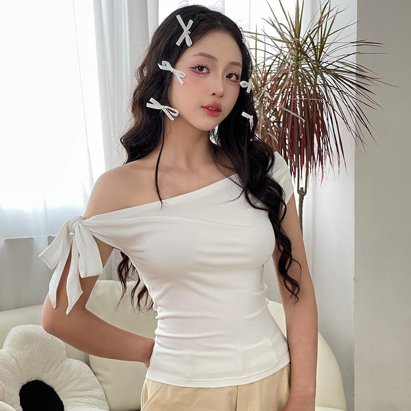 Women's Summer Pleated Backless Twisted Asymmetric T-shirt Blouses