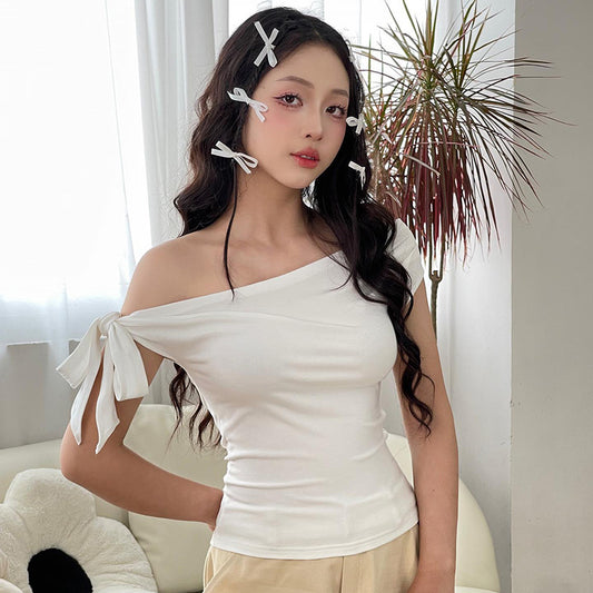 Women's Summer Pleated Backless Twisted Asymmetric T-shirt Blouses