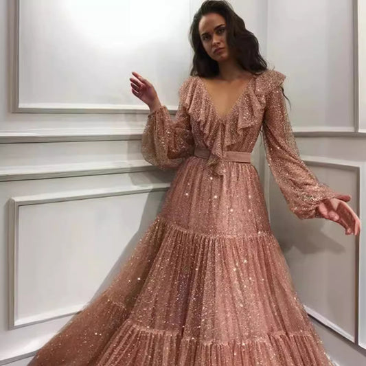 Women's Dress Sexy Long-sleeved Golden Swing Long Dresses