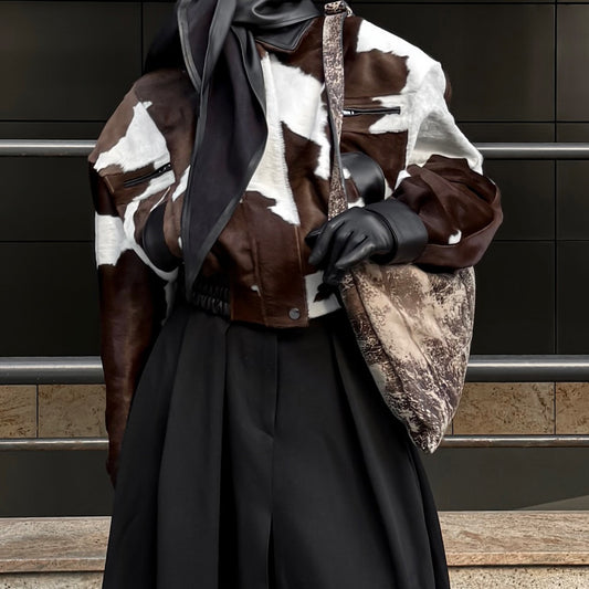 Women's American Street Style Design Sense Cows Pattern Leather Niche Jackets