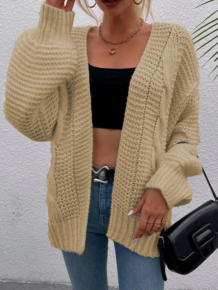 Women's Casual Long Sleeve Thick Knitted Twine Rope Loose Lantern Cardigans