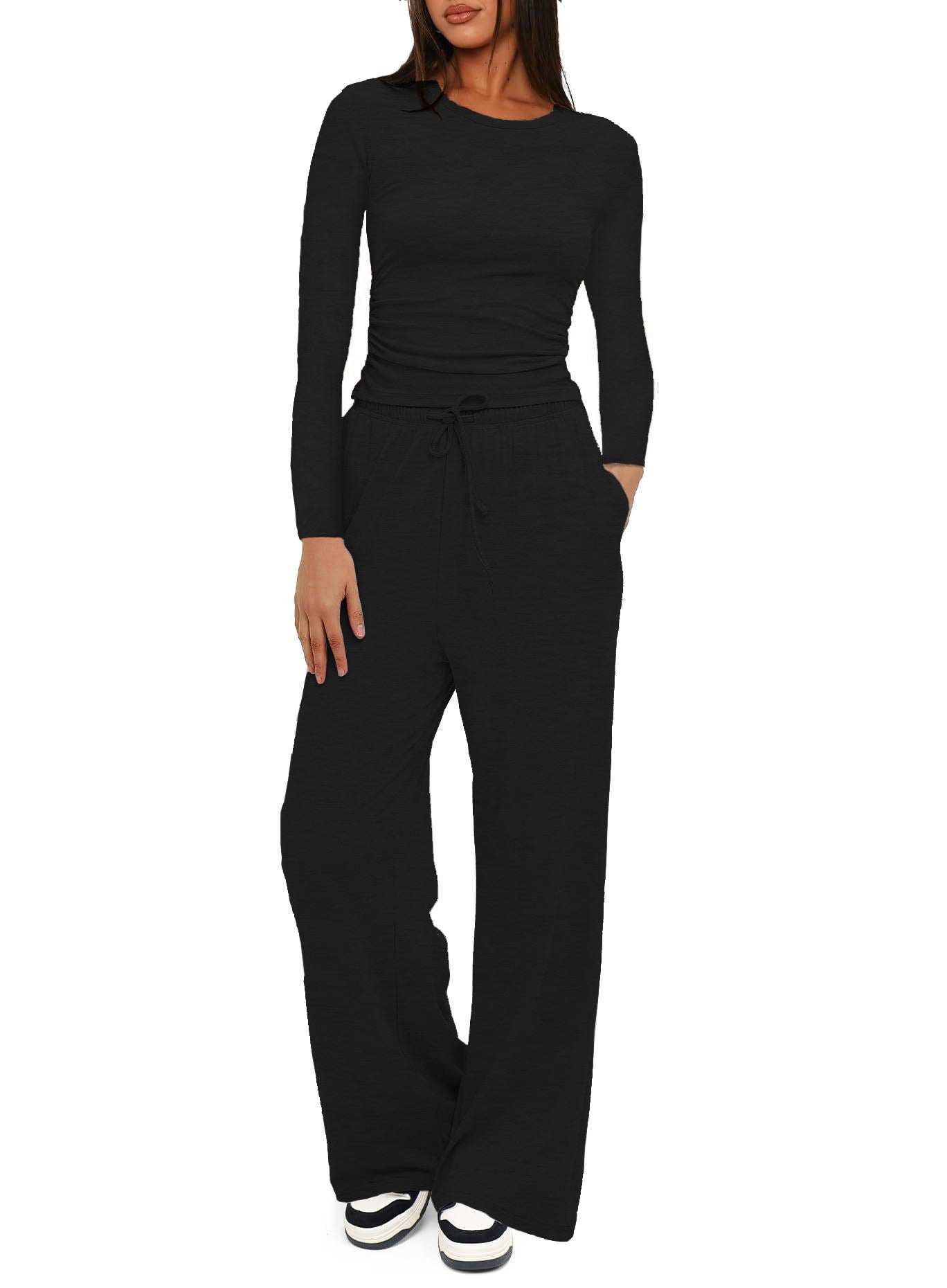 Women's Color Pleated High Waist Wide Leg Fashion Casual Suit