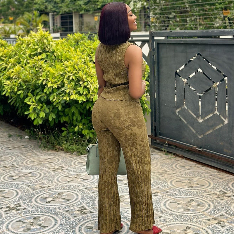 Women's African Wear Summer Niche Sleeveless Embossed Trousers Advanced Two-piece Suits