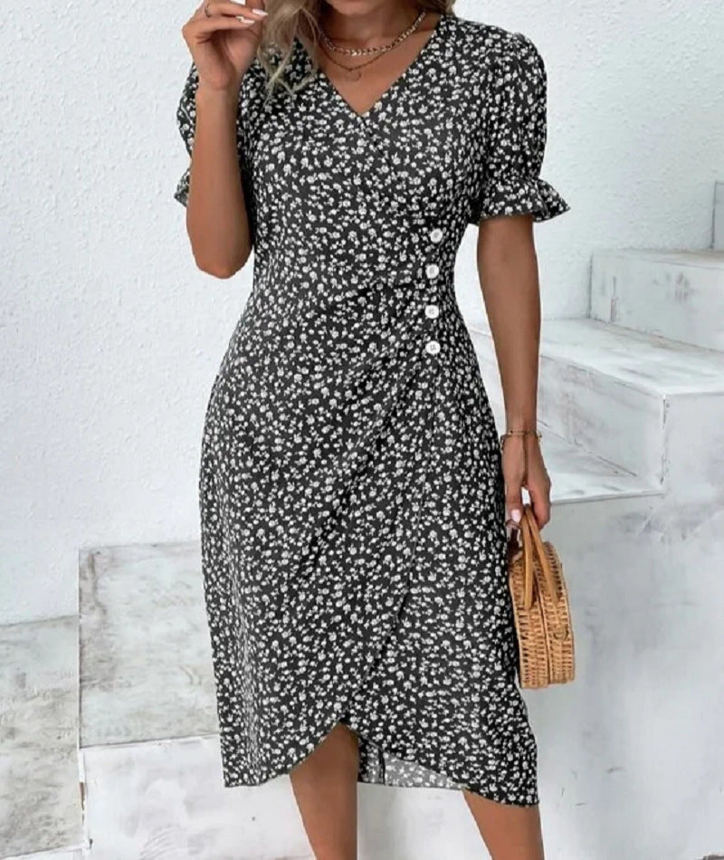 Women's Collar Floral Hem Irregular Pattern Print Dress